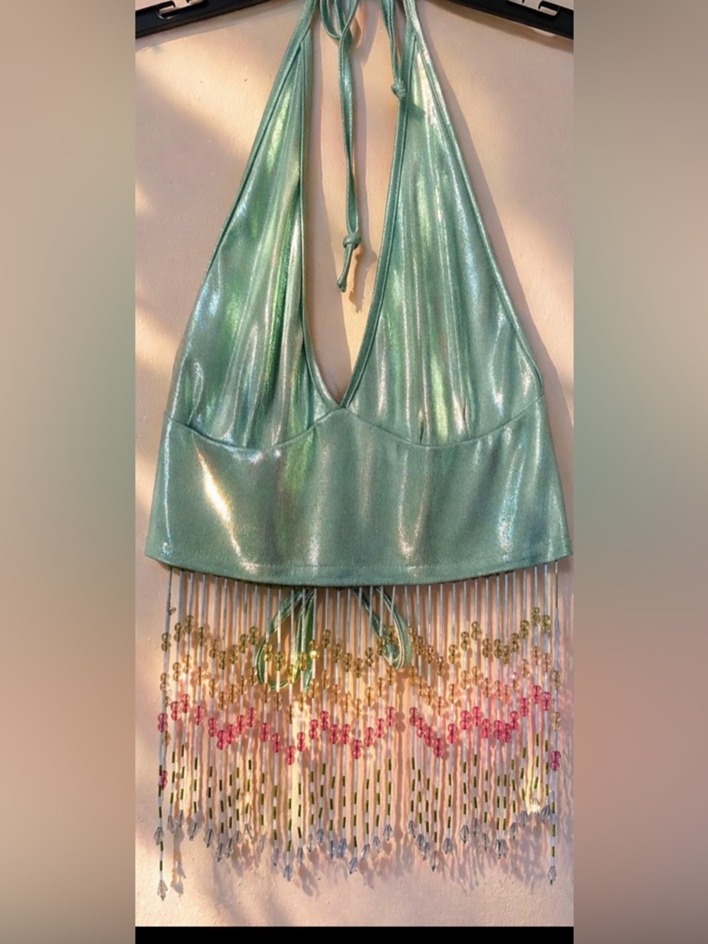 1990s Vintage Beaded Bra Top  Mint Green Halter with Beaded Fringe